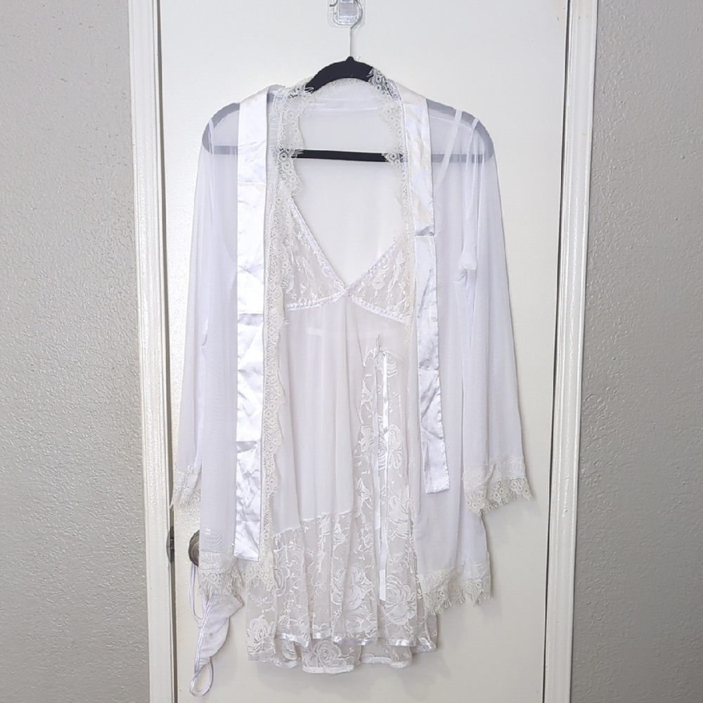 Sheer Lace-Trim Chemise & Robe Set - White